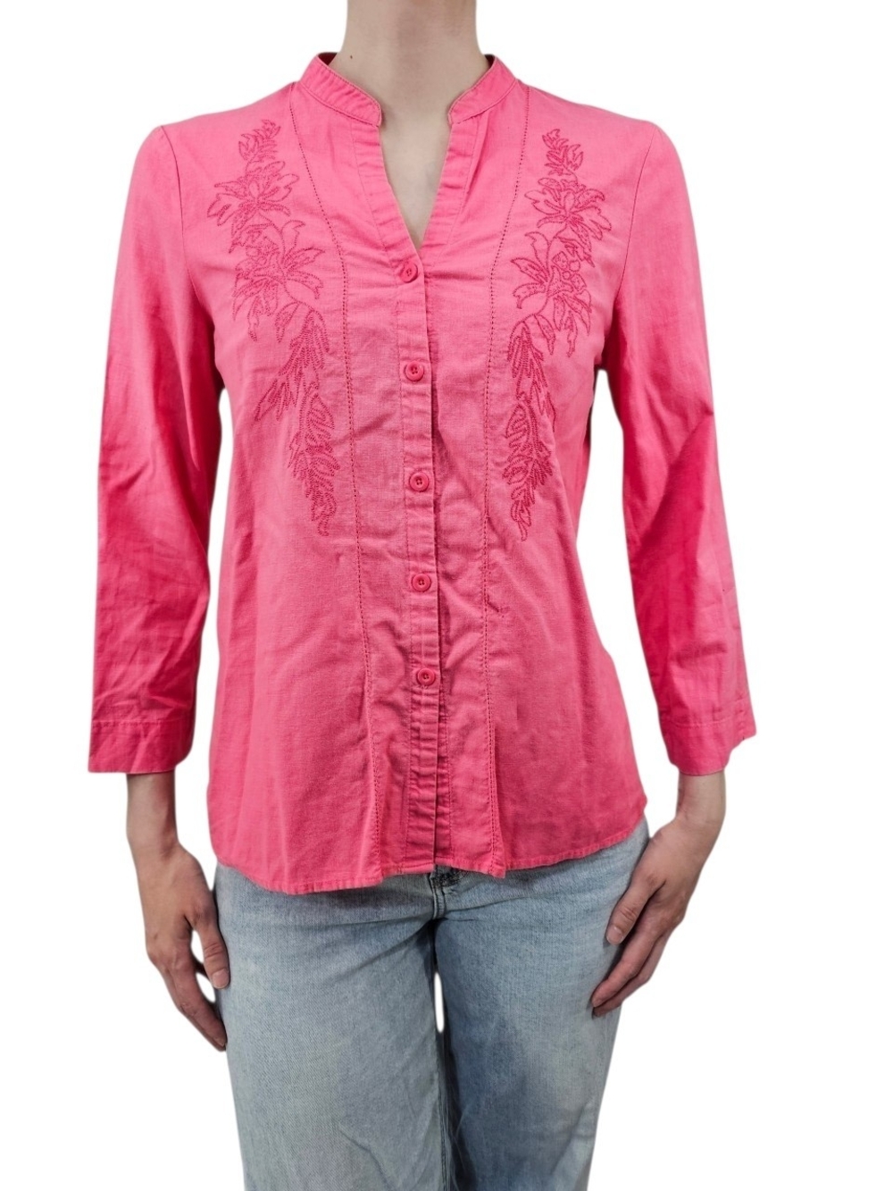 White Stag Bright Rose Linen Blend Embroidered Floral Tunic Blouse Women's M